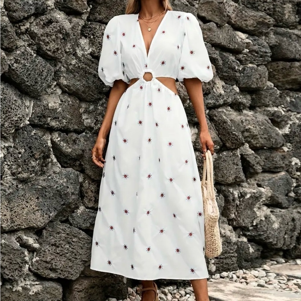Vibrant White Floral Puff Sleeve Dress - Chic V-Neck & Trendy Cut-Outs Sz S NWT - Picture 5 of 10
